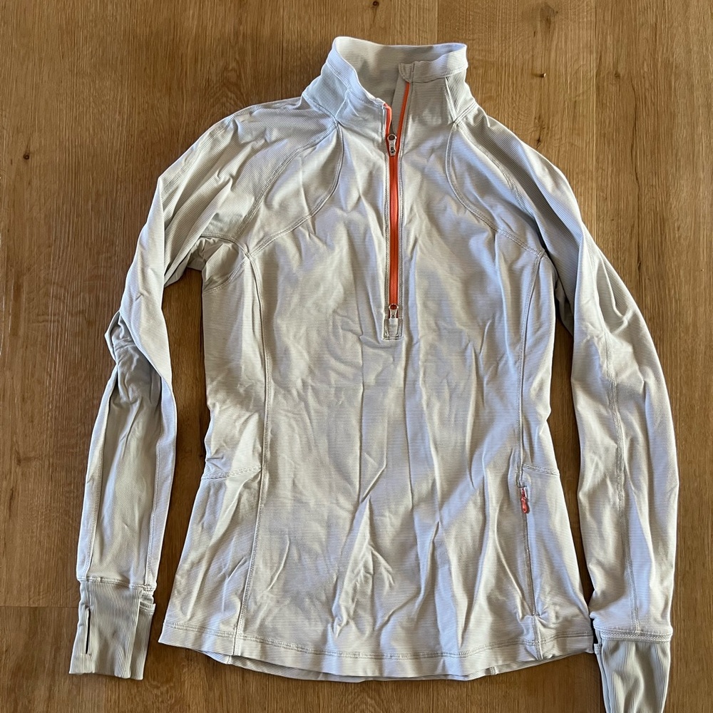 Lululemon pullover. Double zip. Size 8. Gray/white stripe.